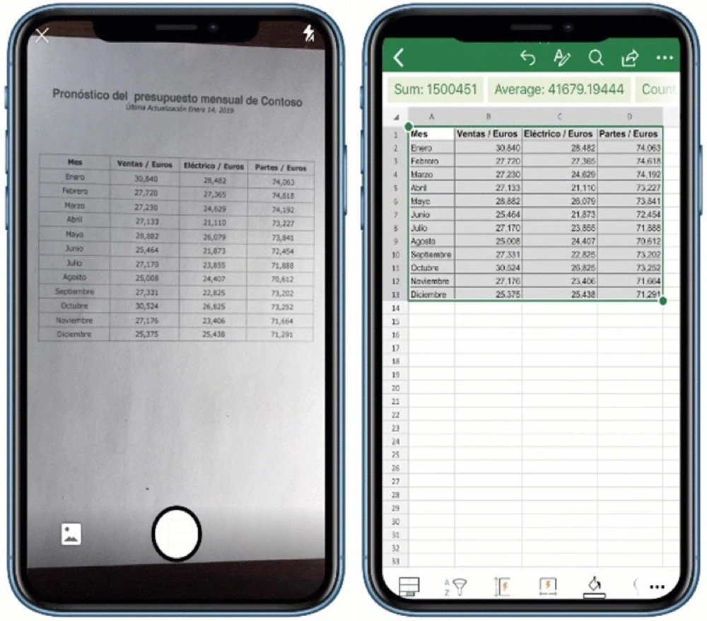 Excel para iOS detectando una tabla fotografiada para importarla como datos