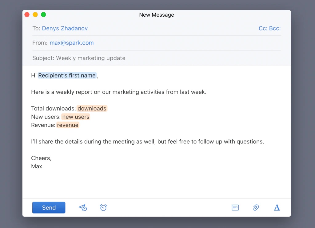 Marcadores de posición en una plantilla de Spark Mail