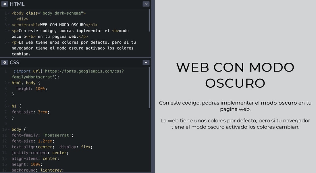 Ejemplo visual de modo oscuro aplicado a una interfaz web