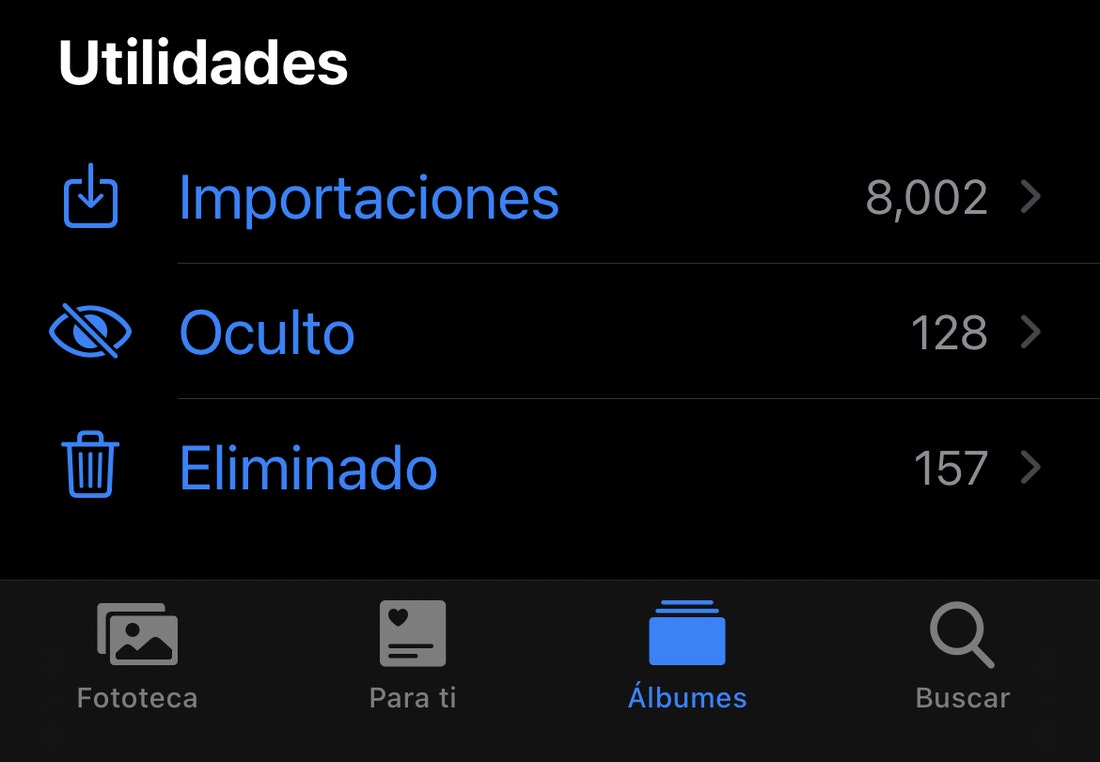Álbum Oculto visible dentro de la app Fotos de iOS