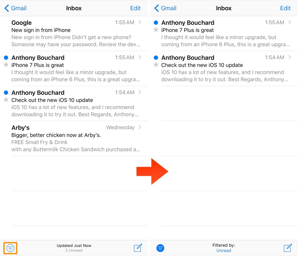 Botón de filtro para emails no leídos en Mail de iOS