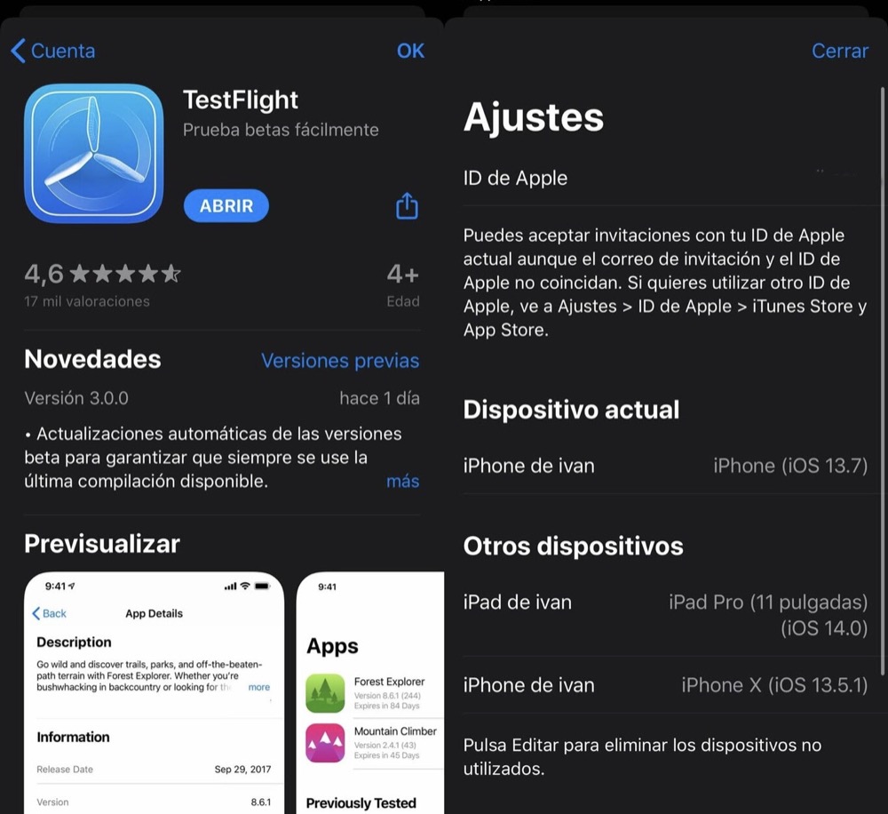 Pantalla de TestFlight mostrando una beta de app en iOS