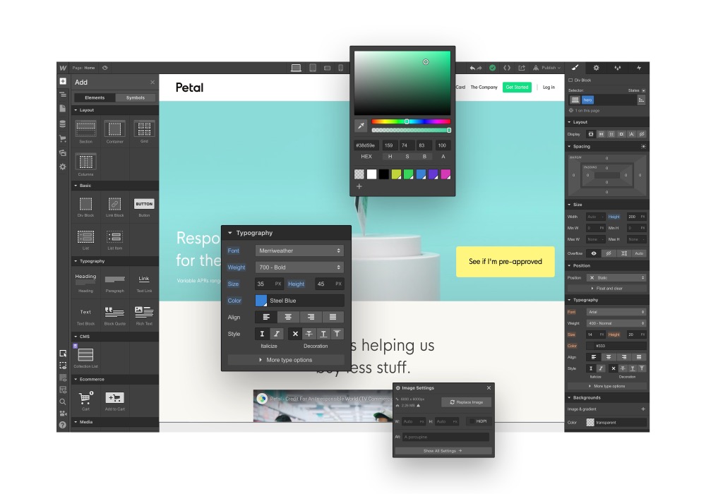 Interfaz de Webflow para diseñar una página web visualmente