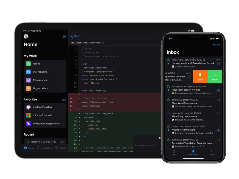 App oficial de GitHub en iOS mostrando actividad de repositorios