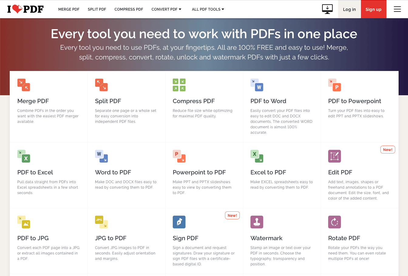 Interfaz de I Love PDF con herramientas para documentos PDF