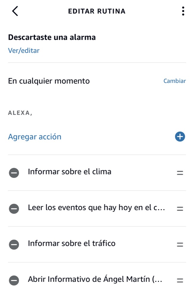 Rutina de Alexa configurada en la app para comenzar el día