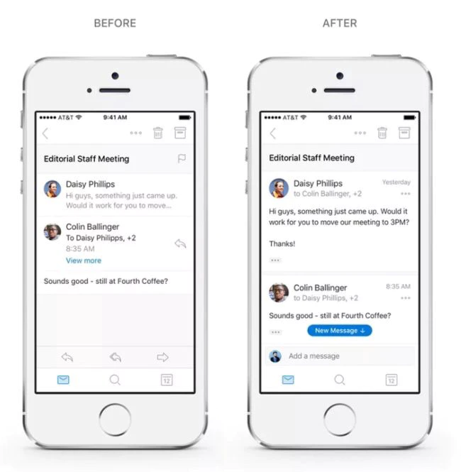 Interfaz de Outlook para iOS con respuesta rápida