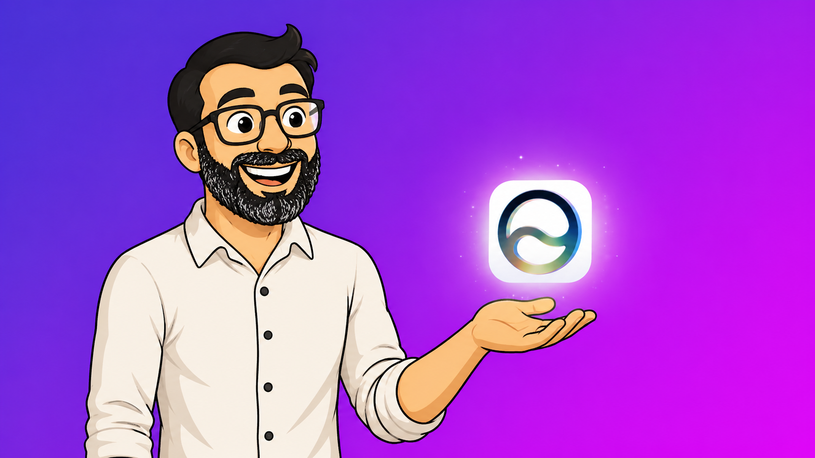 Ilustración de AJRA sosteniendo el icono de Siri AI sobre un fondo degradado morado y fucsia