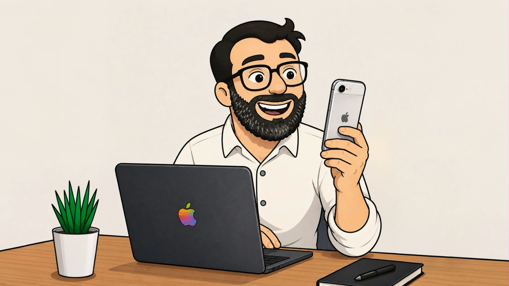 Ilustración de AJRA trabajando con un MacBook y un iPhone