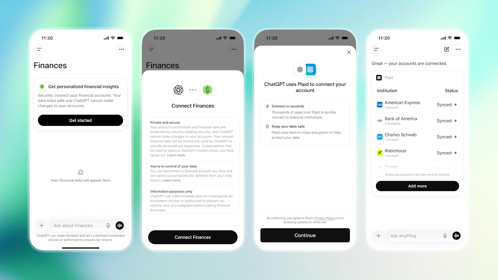 Pantallas de ChatGPT conectando cuentas financieras